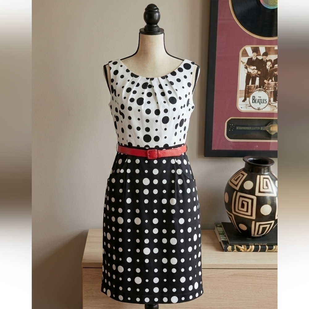 Connected Apparel Polka Dot Red Belt Women's Midi Dress 6 Zipper Black Red